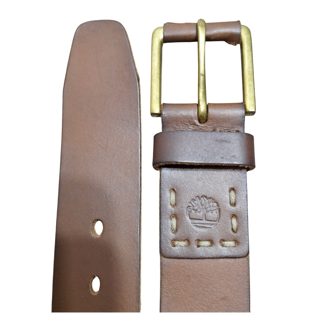 Timberland Men's Size 38 Brown Genuine Leather Belt Brass Buckle Rugged Casual